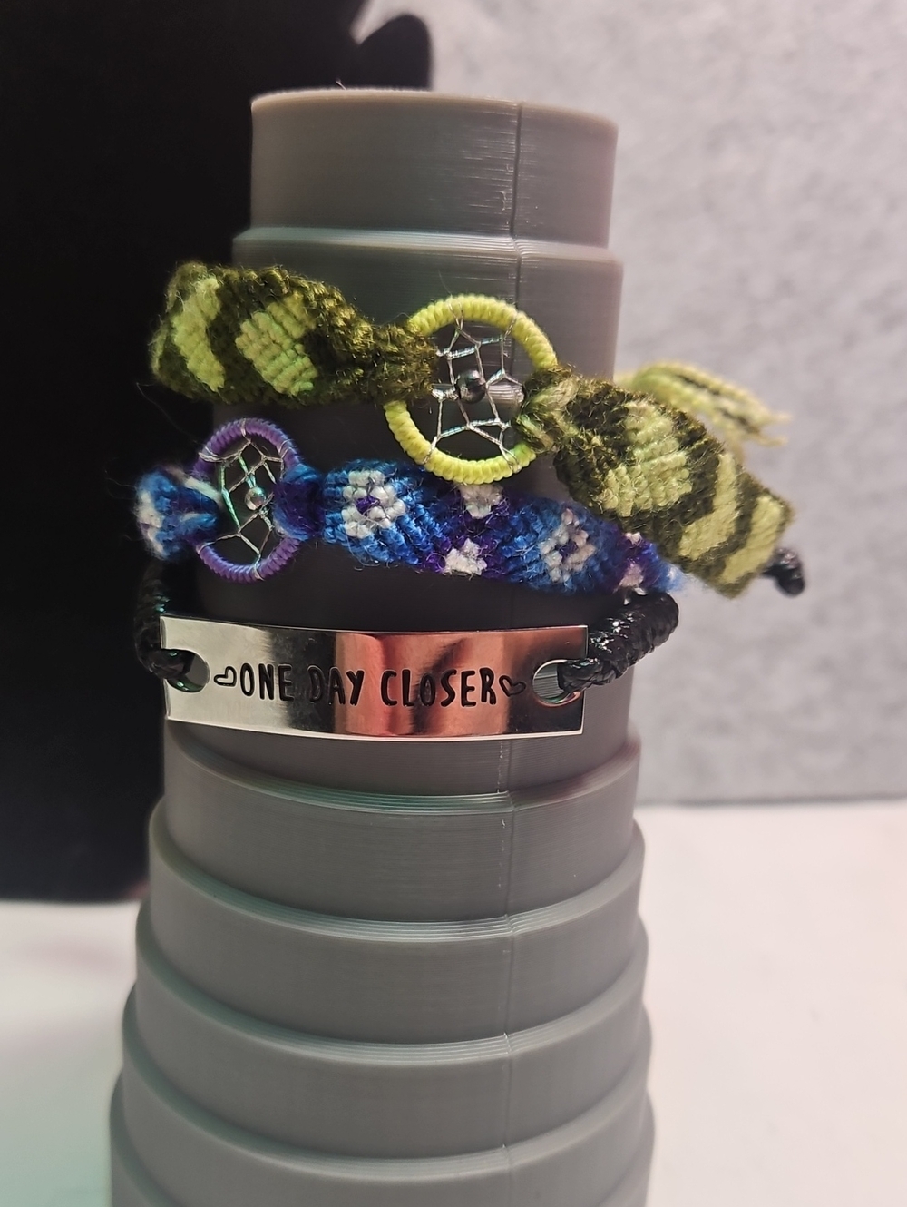 One Day Closer Silver Plate Bracelet with Green and Blue Friendship Bands
